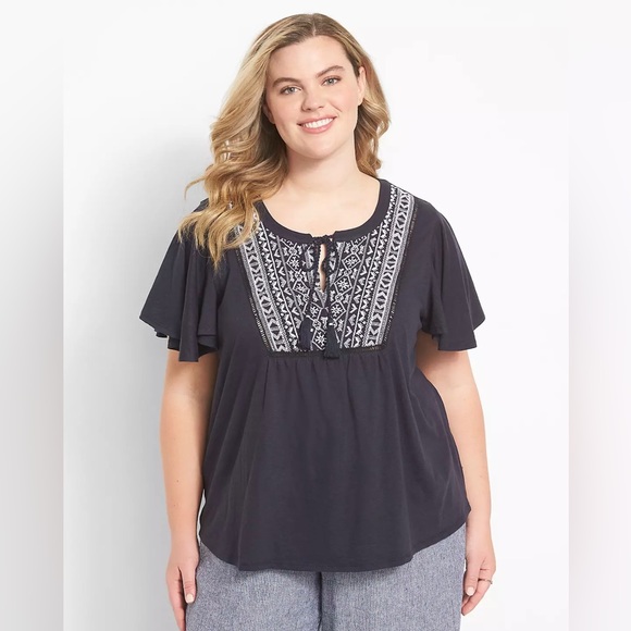 Lane Bryant Tops - Lane Bryant Womens Flutter-Sleeve Embroidered Yoke Top Boho Size 22/24